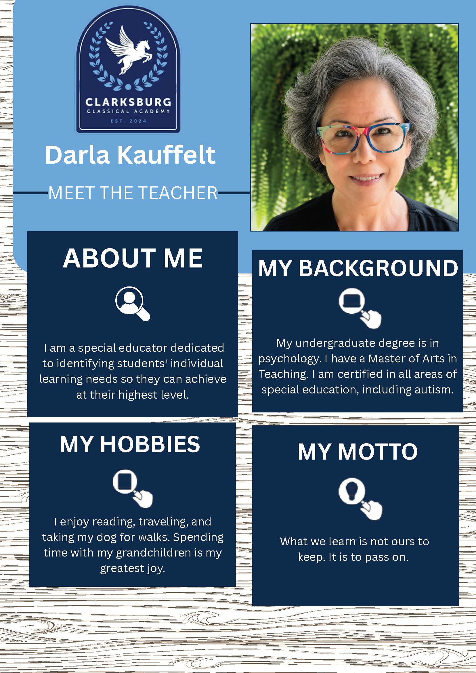 Darla Kauffelt, Teacher — staff biography graphic