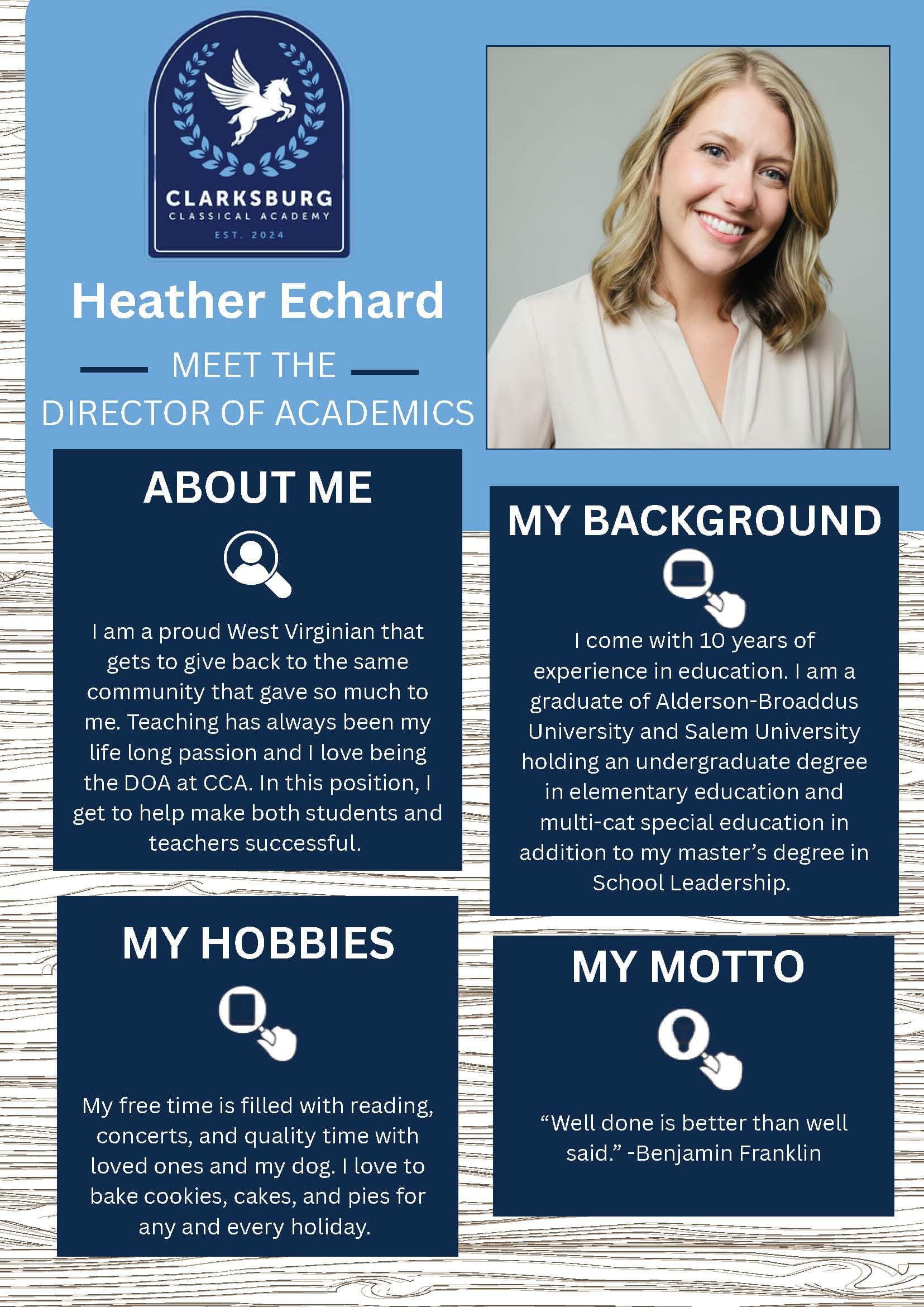 Heather Echard, Director of Academics — staff biography graphic
