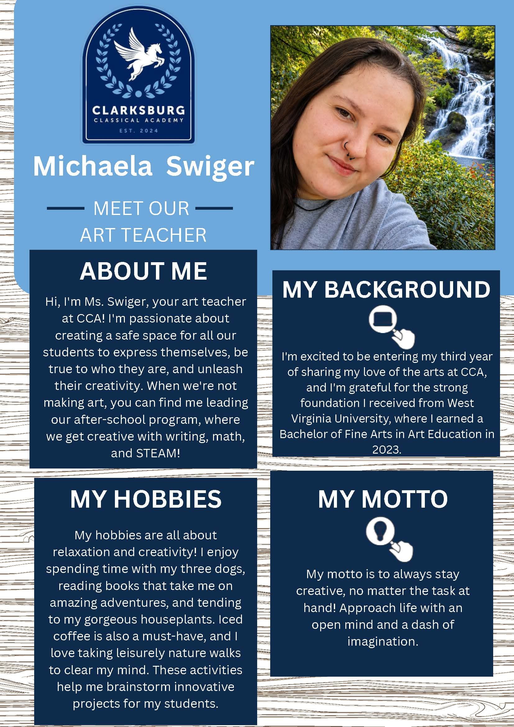 Michaela Swiger, Art Teacher — staff biography graphic