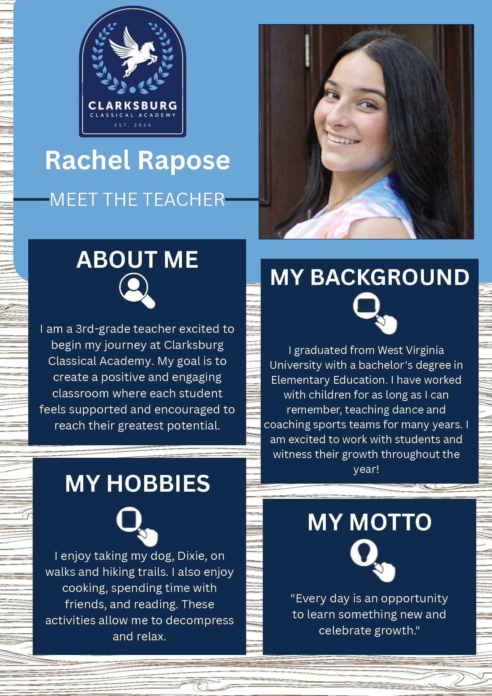 Rachel Rapose, Teacher — staff biography graphic