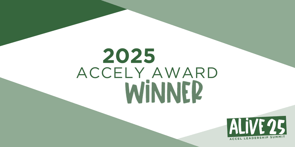 Graphic announcing "2025 Accely Award Winner" with "ALIVE 25" logo.